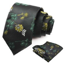 Mens 3.15 Inch Leaf Flower Pattern Tie with Floral Pocket Square Gift Set