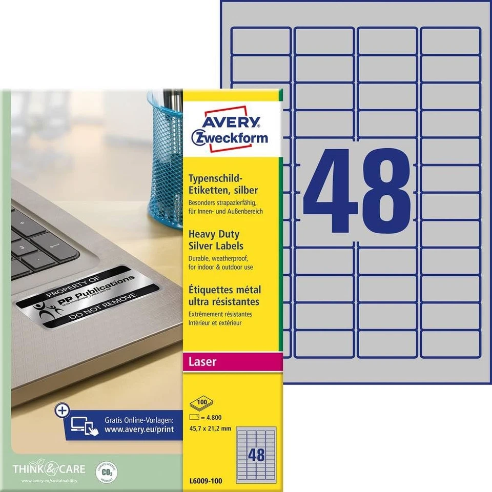 AVERY Zweckform L6009-100 Name Plate Foil Labels (4,800 Stickers, 45.7 x 21.2 mm - Image 2 of 4