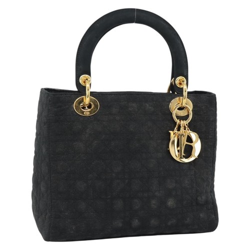 Christian Dior Lady Dior Canage Hand Bag Canvas Black Gold Auth ep14827
