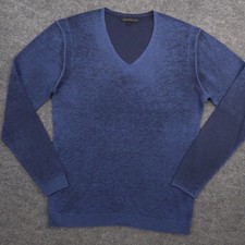 John Varvatos Sweater Mens L Blue Distress Burnout Wool Blend V Neck Long Sleeve