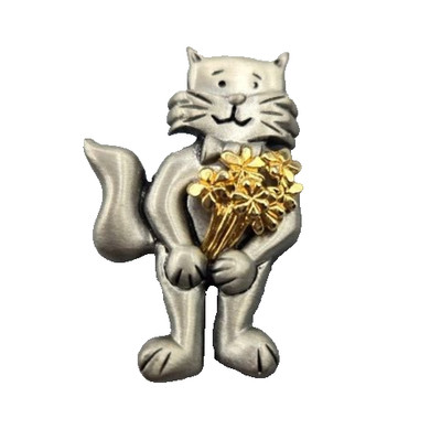 Alexandra 2'' Pewter Cat Brooch With Goldtone Flowers Stamped and Signed