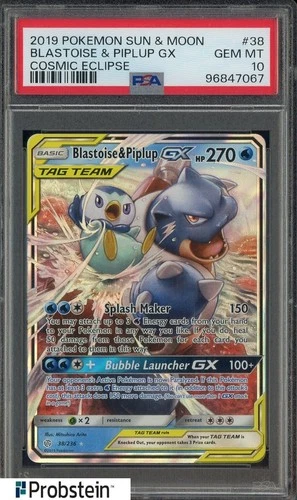 2019 Pokemon Sun & Moon Cosmic Eclipse #38 Blastoise & Piplup GX PSA 10 GEM MITN