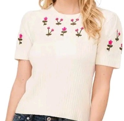 CeCe Ivory Floral Embroidered Short Sleeve Sweater Size L Womens