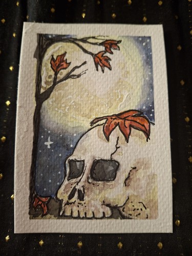 ACEO Original - Red Leaf Skull - Watercolors & Paper - HallieWattsArt