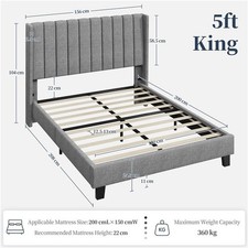 King Upholstered Bed Frame with Wing Side & Headboard, No Box Spring Needed Grey