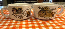 Vintage Owl Family Speckled Soup Mugs Retro MCM Coffee Cups Ceramic Lot of 2