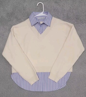 Mango Sweater Womens Small Chiara Mixed Media Poplin Underlay Oversized Pullover