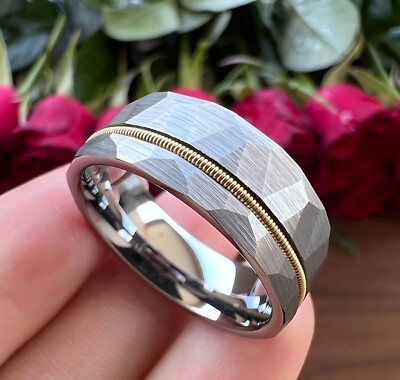 8MM Men Women Guitar String Hammered Tungsten Carbide Ring Band Comfort fit