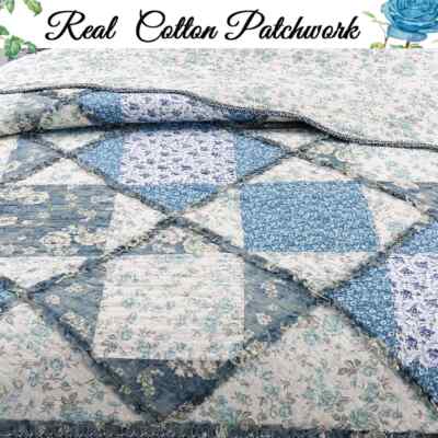 NEW! ~ SHABBY CHIC ROMANTIC BLUE NAVY WHITE GREY LACE RUFFLE ROSE SOFT QUILT SET