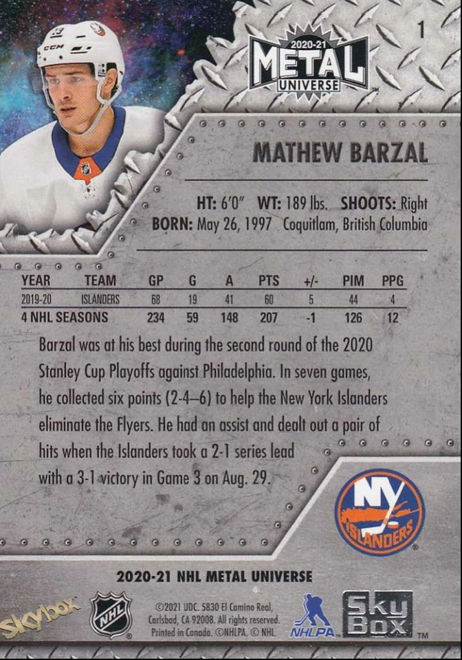 2020-21 Skybox Metal Universe Hockey Mathew Barzal New York Islanders #1 - Image 2 of 2