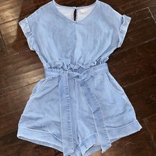 Habitual Girls Denim Stretchy Chambray Romper With Paper bag Waist Sz 12 EUC 