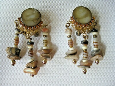 Vintage Studio Stacked Gemstone Amber Rhinestones Chandelier Dangle Clip Earring