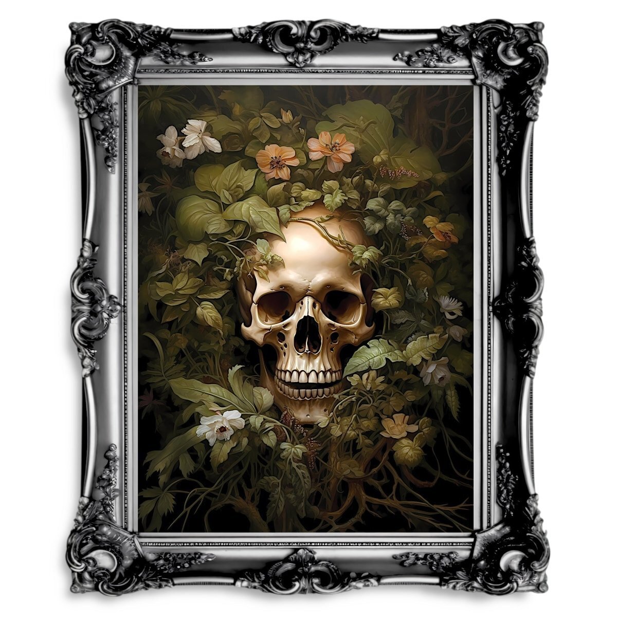 Skull and Flowers Paper Poster Prints Wall Art Dark Cottagecore