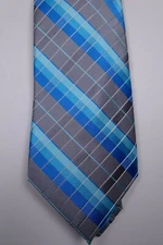 VAN HEUSEN Gray Blue Stripe Check 100% Silk Neck Tie MSRP $69 NEW