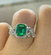 3.08 Ct Emerald Natural Emerald Diamond Engagement Ring 14K White Gold Size 5
