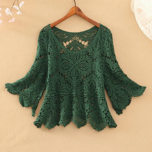 Womens Crochet Crop Top Half Sleeve Hollow Out Lace Shawl Sun Protection Tops - Picture 22 of 26