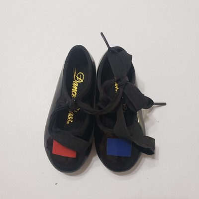 Trimfoot Dance Class Tapping Shoes Black Red Blue Laced Bow Shiny Size 6 Shoe