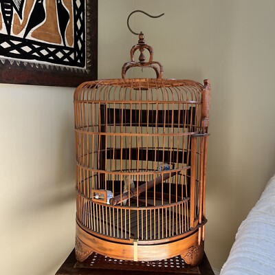Vtg Birdcage Round Carved Bamboo Wooden Bird Cage Wood Tabletop Asia Porcelain