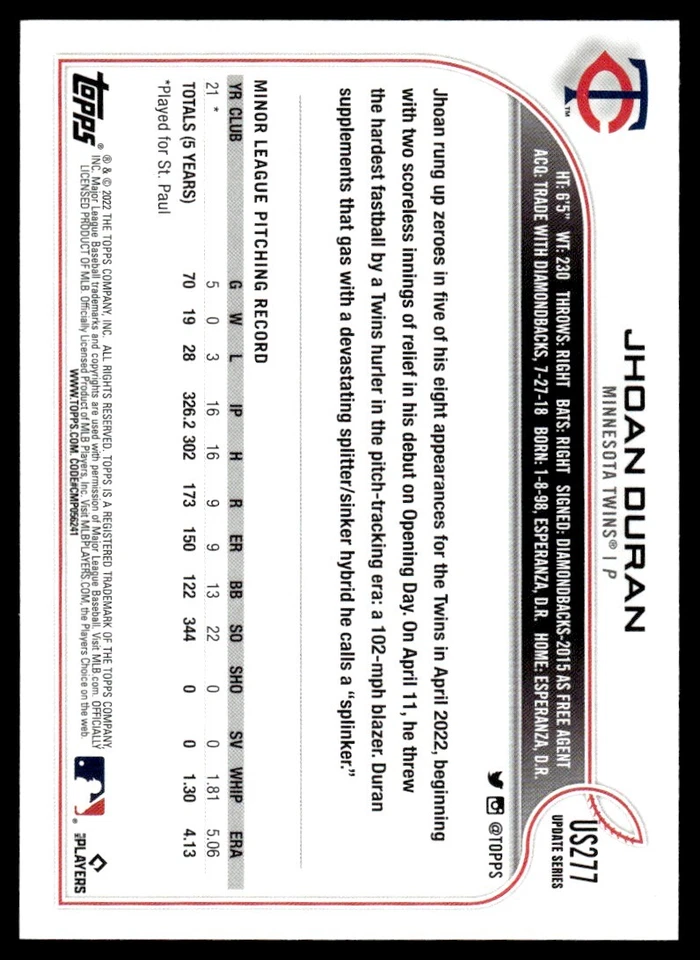 2022 Topps Update ROOKIE Jhoan Duran Rookie Minnesota Twins #US277 R70 - Image 2 of 2