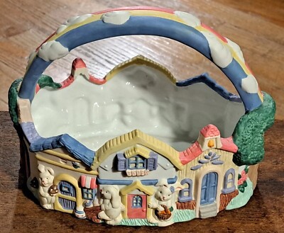 Vintage Porcelain Easter Basket ABC Distributing Bunny Village Bunnies House '95