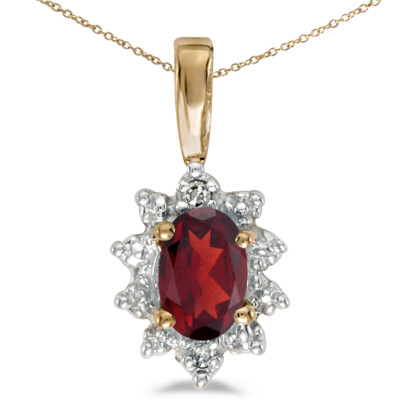 10k Gelbgold ovaler Granat und Diamant Anhänger mit 18'' Kette