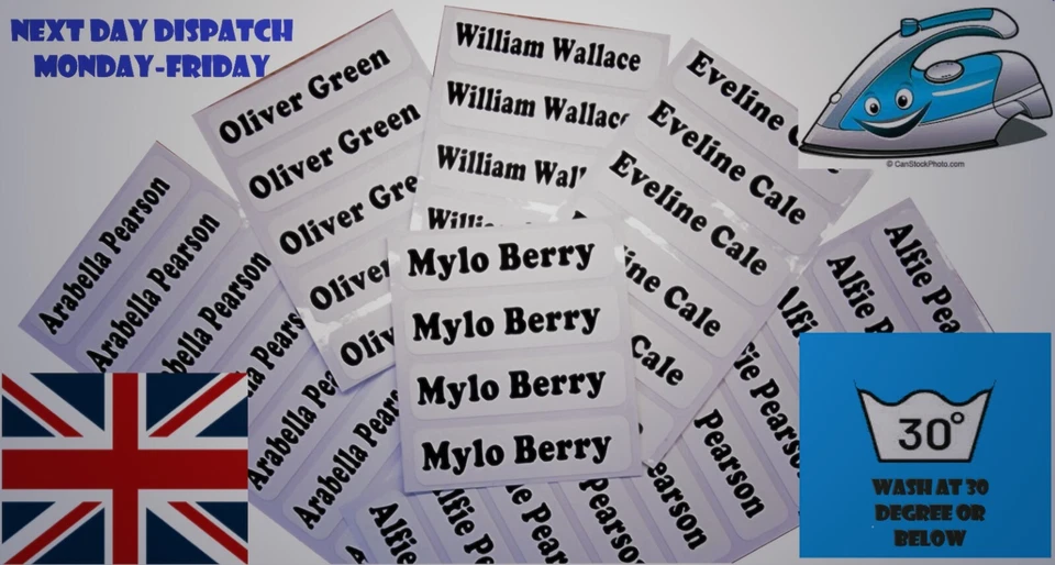 Personalised Iron On Name White Labels Tags School Uniform