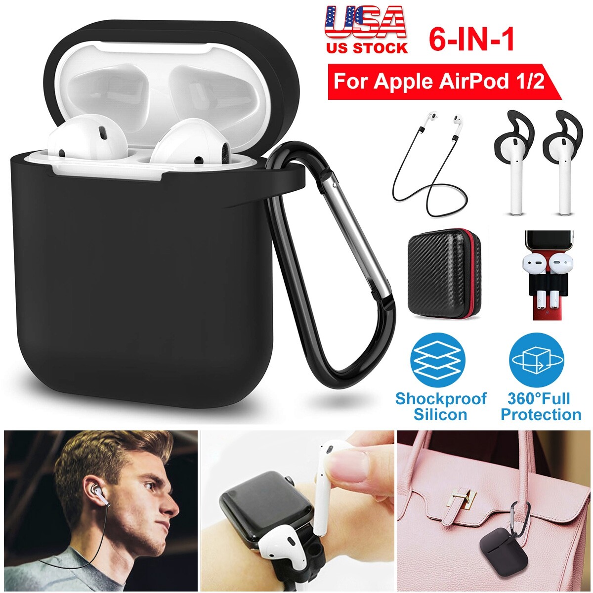 Silicone Shockproof Protective Cover Case For Apple AirPods w/Strap Ear  Hooks US