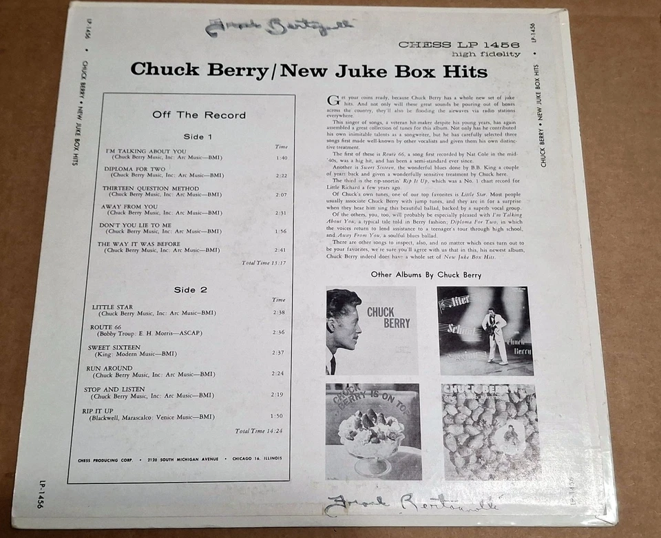CHUCK BERRY NEW JUKE BOX HITS CHESS LP-1456 WHITE LABEL PROMO VG+ DEEP GROOVE - Image 2 of 4