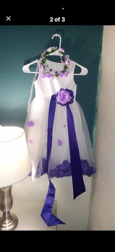 Girls White & Purple Tulle Formal Flower Girl Dress w/ Floral Headband, Sash