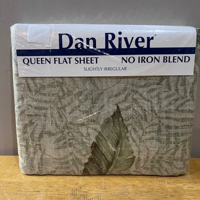 Vtg Dan River Queen Flat Sheet Tropical Palm Leaf Green Sage No Iron Blend USA