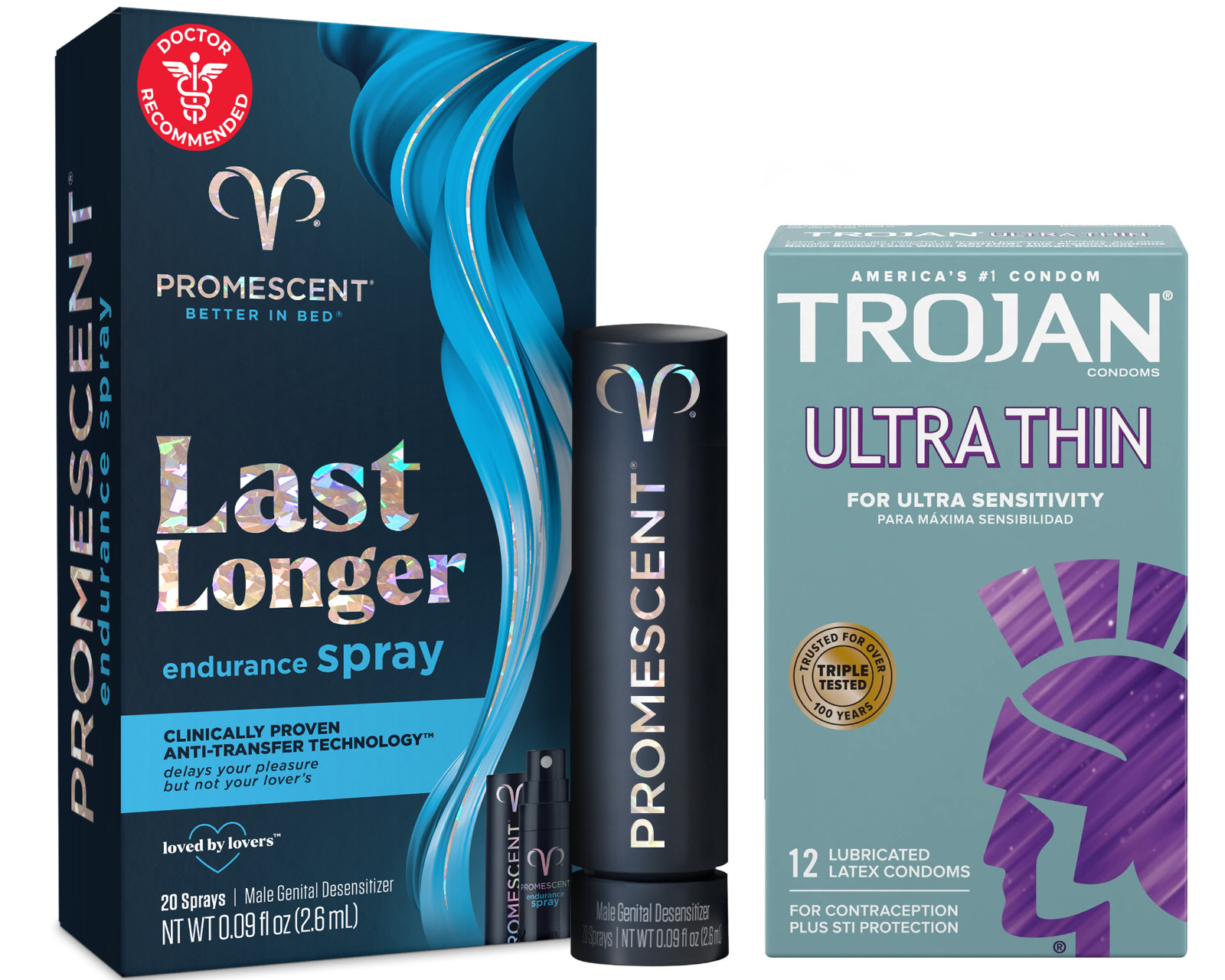 Promescent Men's Delay Spray-Last Longer in Bed & Trojan Ultra Thin Condoms