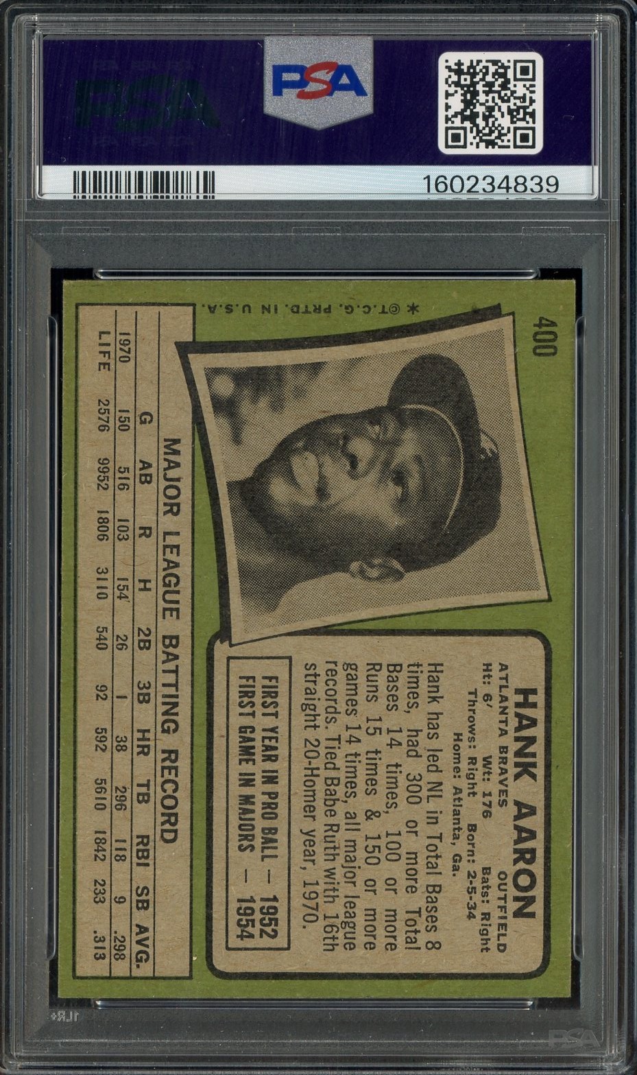 1971 Topps #400 Hank Aaron Atlanta Braves HOF PSA 6 EX-MT view 2