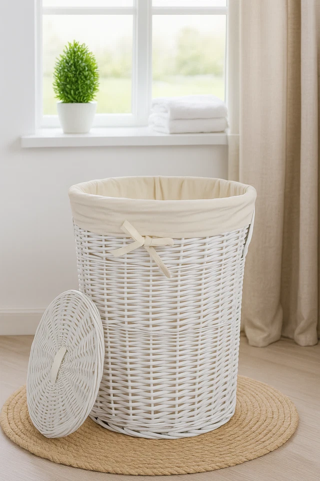 Wäschekorb Wäschetonne weiß rund weide m. Bezug Deckel  60L D.39 H.55  - Bild 4 von 4