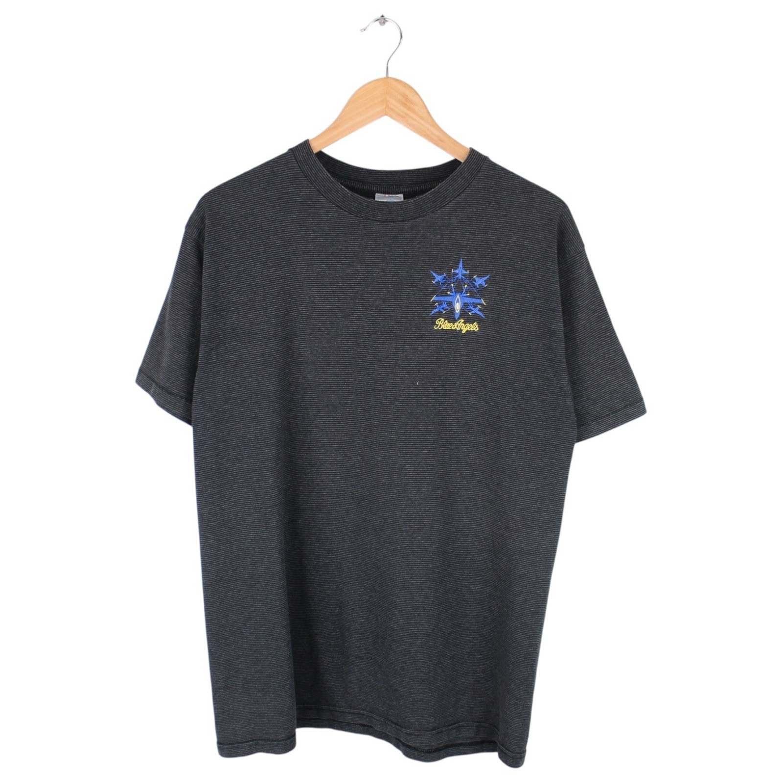 Vintage Blue Angels Fighter Jet T-Shirt Pinstripe Gray Embroidered Size Large