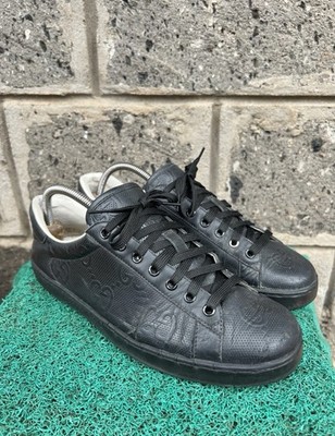 GUCCI Calfskin GG Tennis Embossed Mens Ace Sneakers Black US 6.5