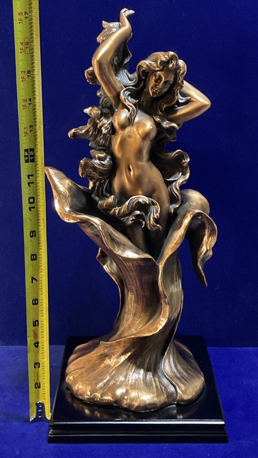 Vtg Art Nouveau Style Cast Copper Flower Nymph Statue Sculpture 18" Wood Base