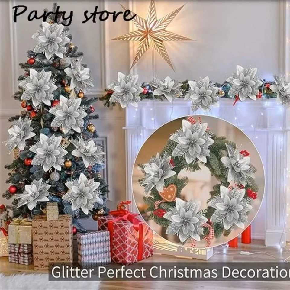 15 Fiori Albero Di Natale Argento, Fiori Grandi per Albero Di Natale Diametro 14 - Immagine 3 di 4