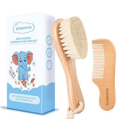 Baby Hair Brush and Comb Set, Wooden Baby Hair Brush with Soft Goat Bristle and 