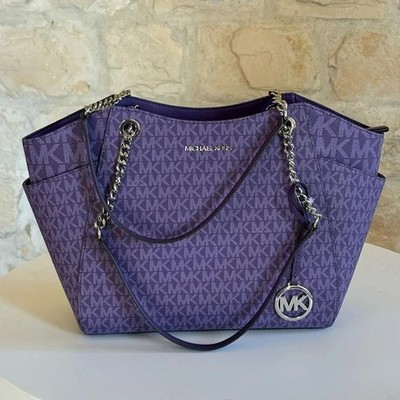 Michael Kors Jet Set Travel Large Chain Shoulder Tote Dark Purple MK Charm NWT
