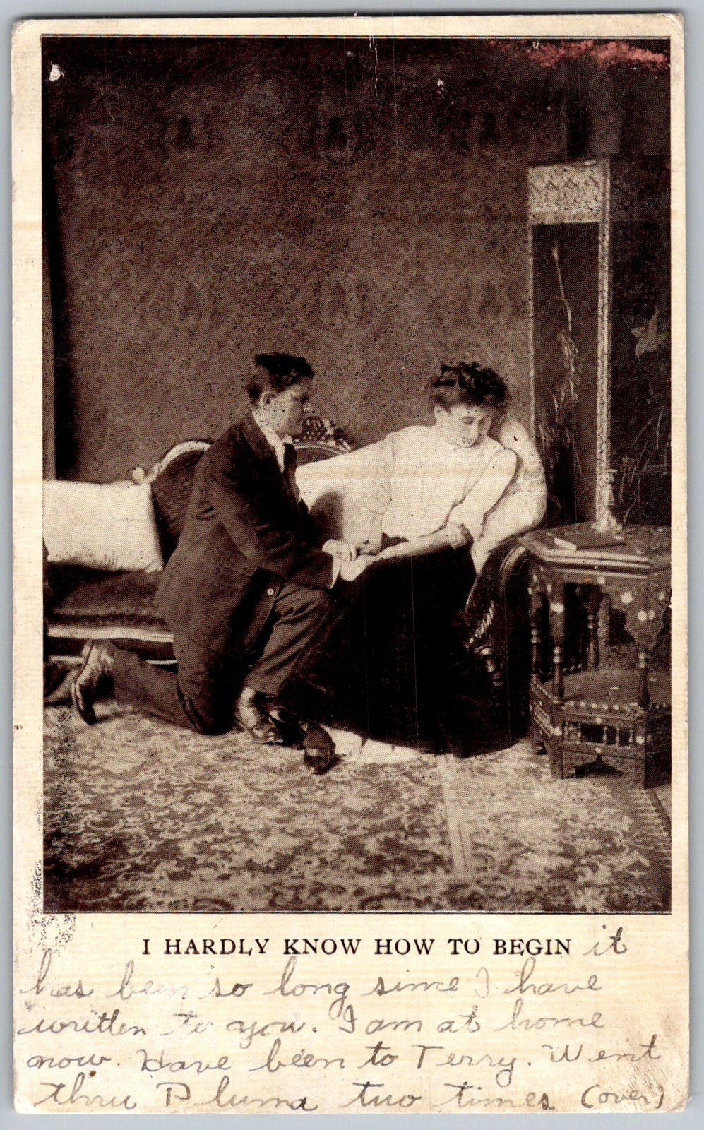 Antique Postcard Courtship Parlor Scene Pluma, SD 1910s