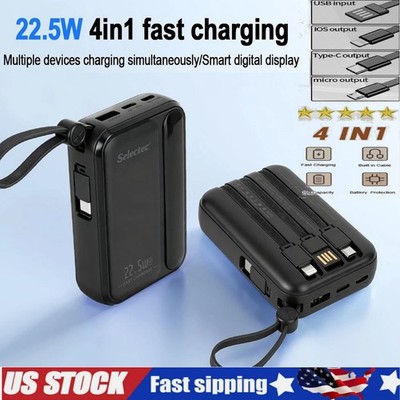 Portable Power Bank 30000mah Fast Charging Battery with 3 Built in Cables Black
