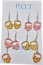 Pink & Gold Skull Earrings/Dangle/Teens/Women/Bold/Edgy/5 Pairs/Rocker Chic