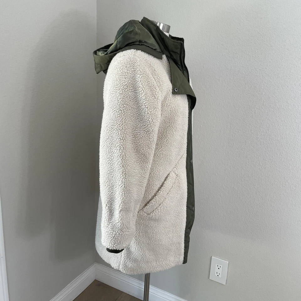 Abrigo Express Mujer Pequeño Marfil Sherpa Peluche Con Capucha Acolchado Forrado Verde Oliva Foto 3 de 4