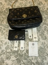 Tory Burch Quilted Black Shoulder Bag & Wallet Set Gold Logo Chain Strap