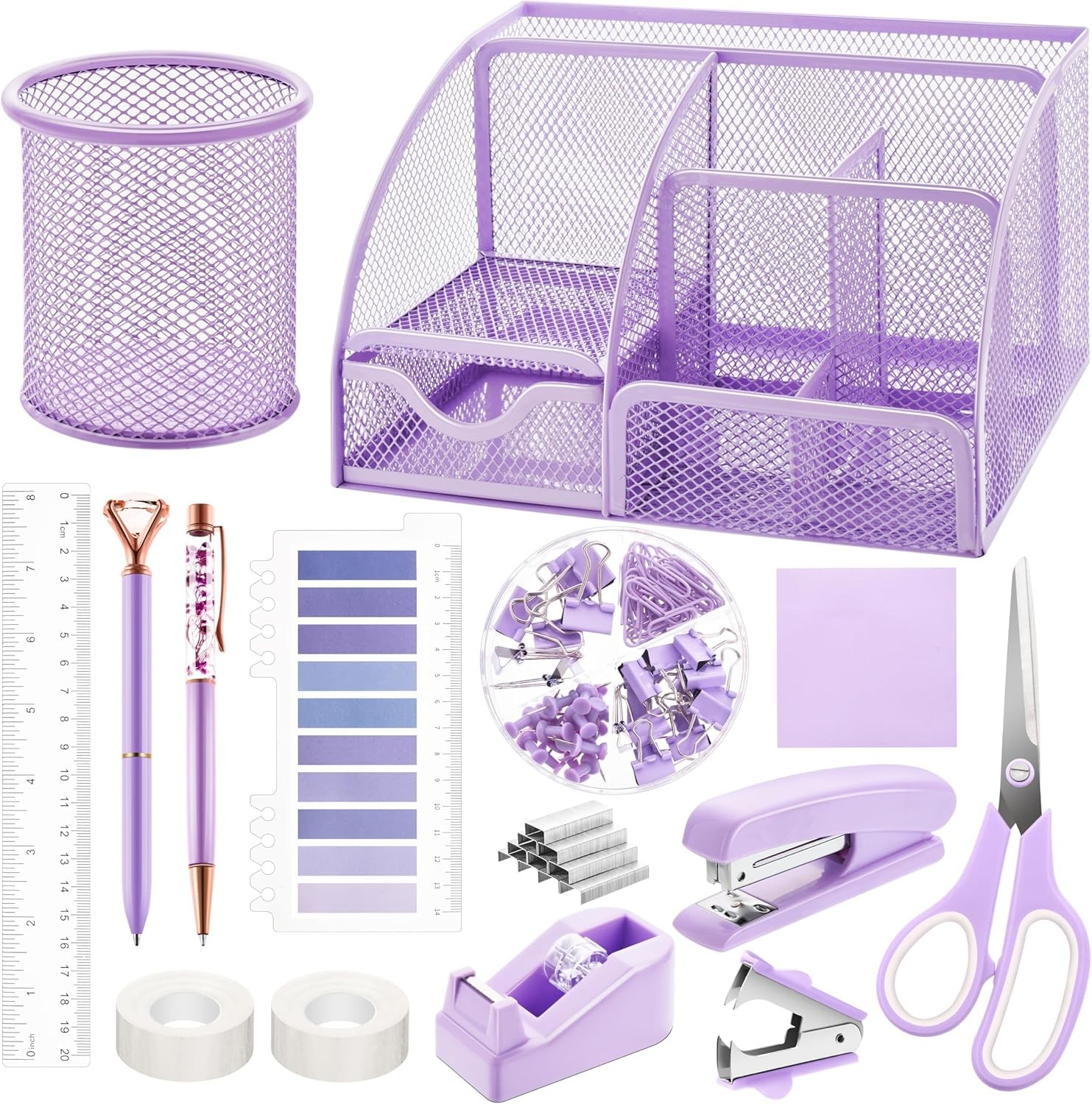 15 Pcs Purple Office Supplies Set Mesh Desk Organizer Accessories Kit