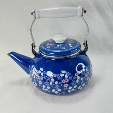 Vintage Danube 'Gailstyn-Sutton' Metal w/ Floral Blue Enamel Japanese Tea Kettle