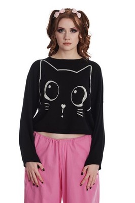 Damen Schwarz Gothic Punk Retro Emo Kitty Katze Strick Haru Pullover BANNED Apparel