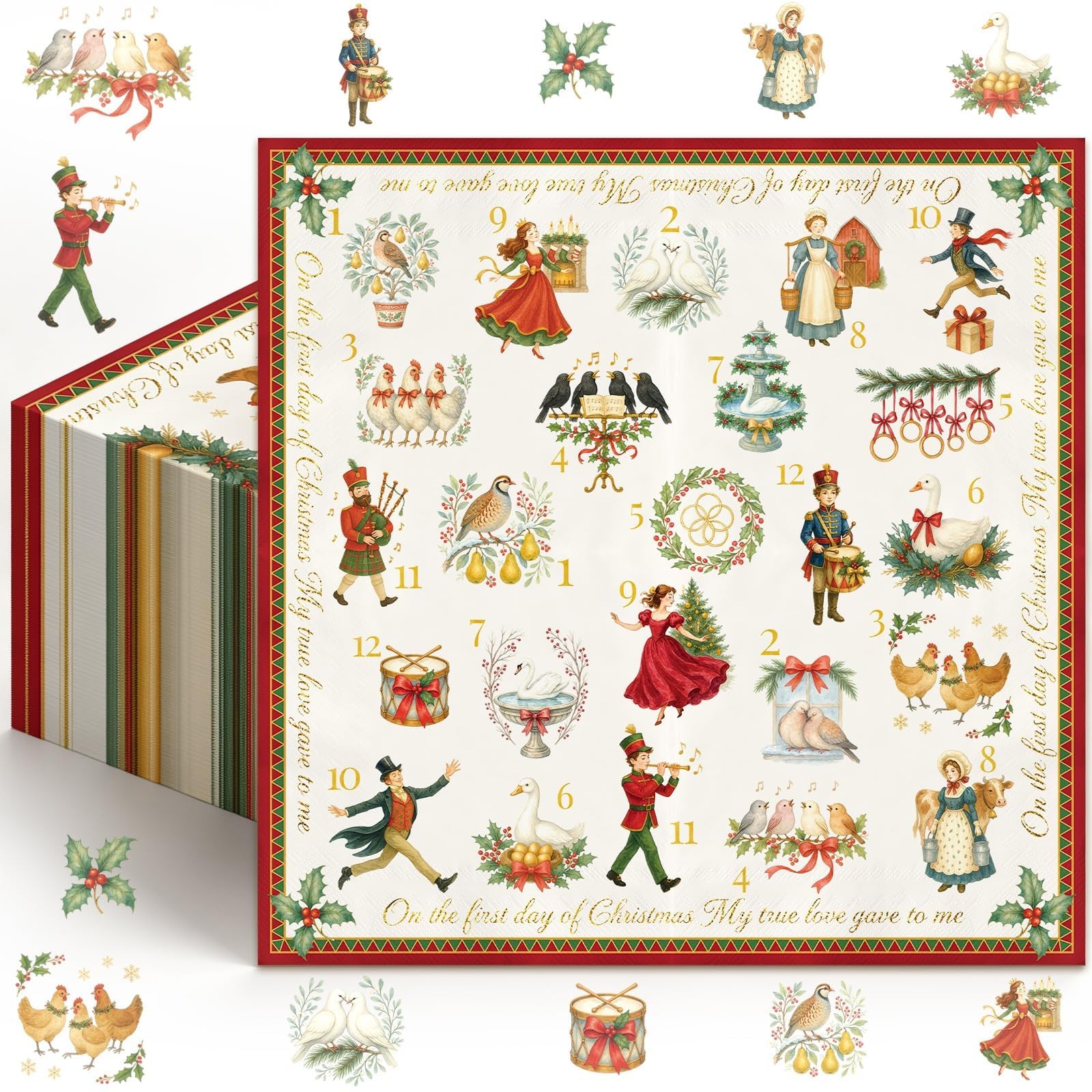 Whaline 50 Pcs Christmas Luncheon Napkins, 12 Days of 6.5 x inch
