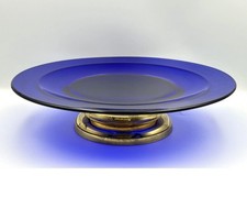 Cobalt Blue Round Glass Cake/Dessert Plate With Brass Vintage Stand 30cm
