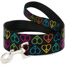 Dog Leash 6-FEET Peace Hearts Repeat Black/Neon WIDE 1.5"